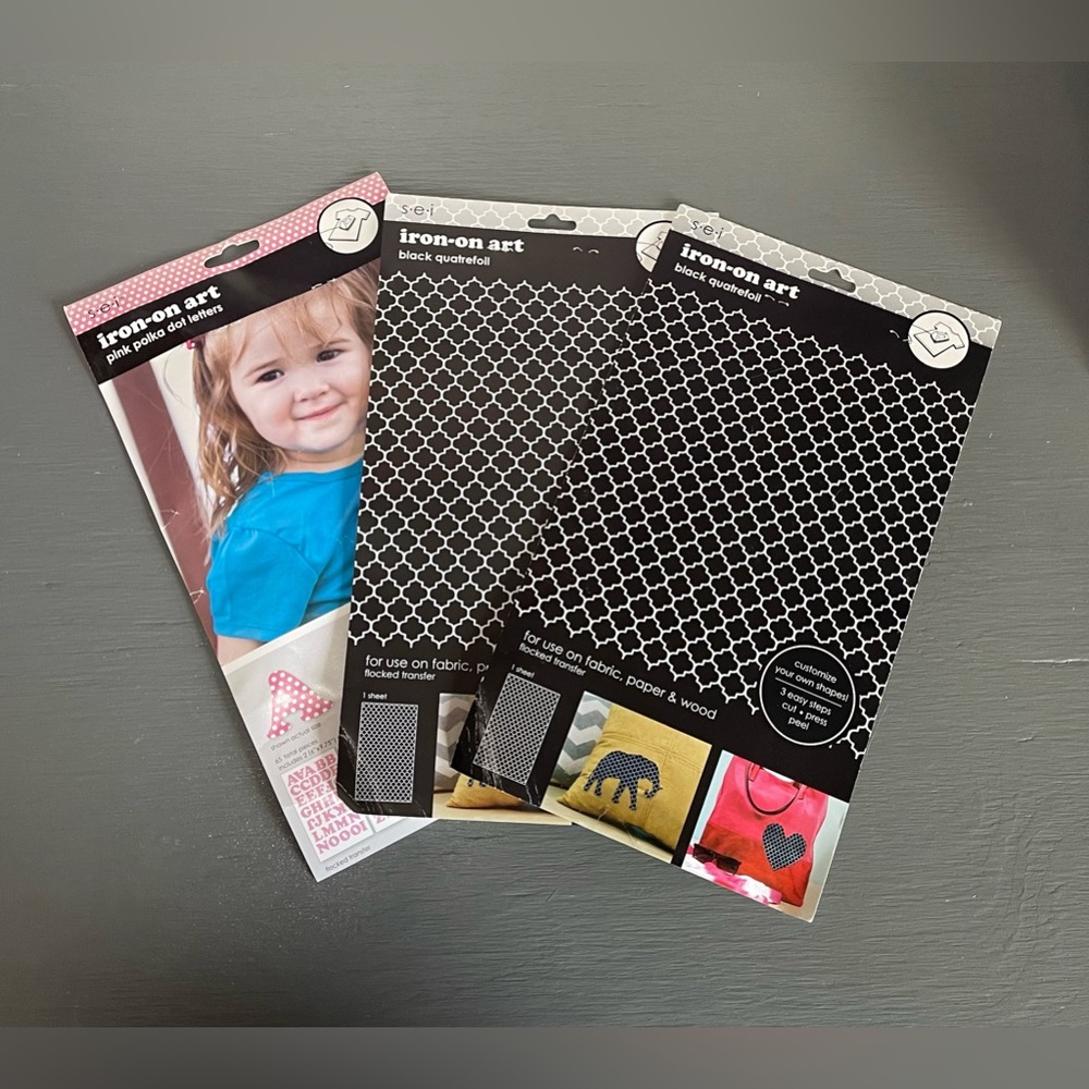 ⭐️SEI Iron On Art Transfers, Pink Polka Dot Letters, Black Quatrefoil